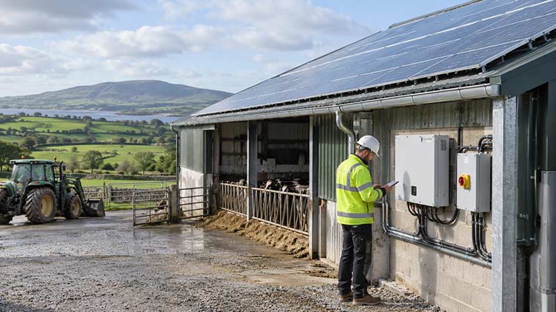 Electrician testing a solar PV inverter and battery storage system in a clean utility room