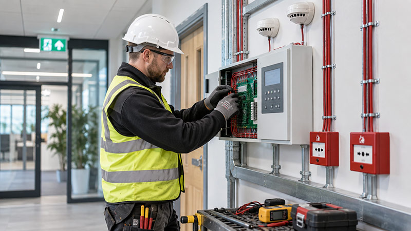 Electrician testing a home fuse board during an electrical inspection