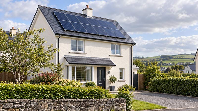 Solar panels installed on the roof of a modern Irish home in a rural setting