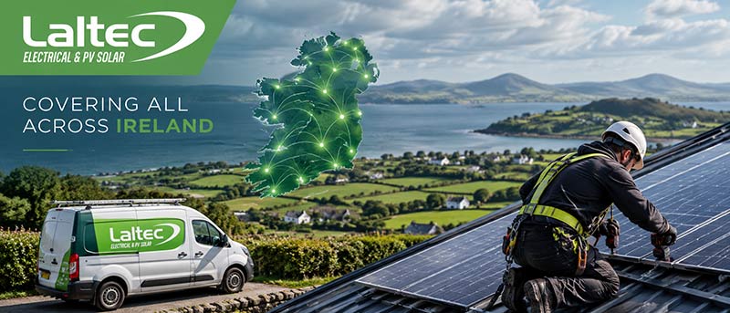 Laltec solar PV installer working on rooftop panels with branded van and nationwide Ireland coverage graphic