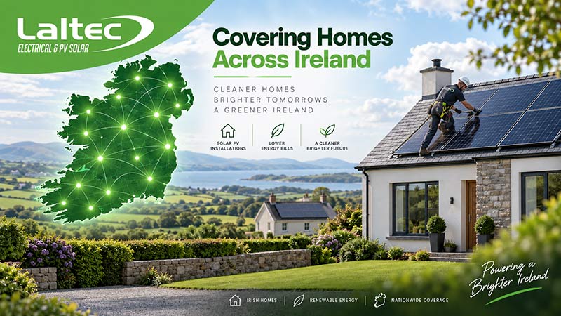 Solar panels installed on the roof of a modern Irish home in a rural setting