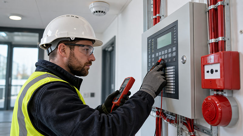 Industrial electrician carrying out electrical work in a workshop