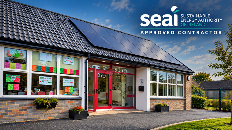 SEAI Approved Solar Panel Installation at Irish School SEAI approved solar panel installation on the roof of an Irish school building with a modern entrance and classroom windows.