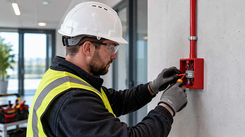 Industrial electrician carrying out electrical work in a workshop