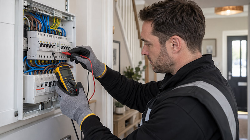 Electrician testing a home fuse board during an electrical inspection