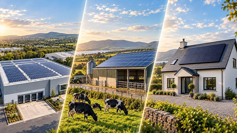 Large commercial building in Ireland with solar panels installed across the roof