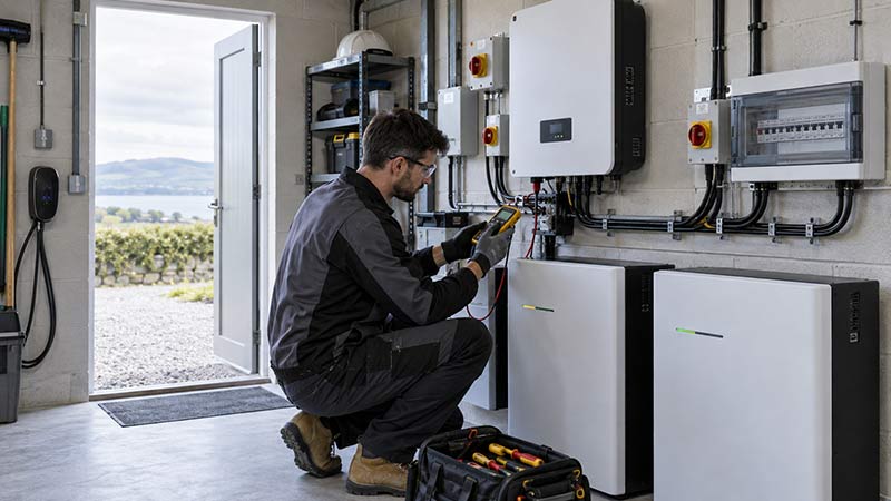 Industrial electrician carrying out electrical work in a workshop